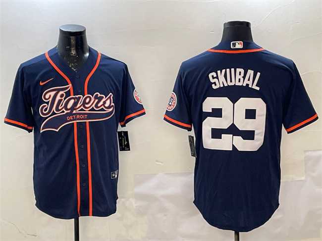 Men%27s Detroit Tigers #29 Tarik Skubal Navy With Patch Cool Base Stitched Jersey->detroit tigers->MLB Jersey